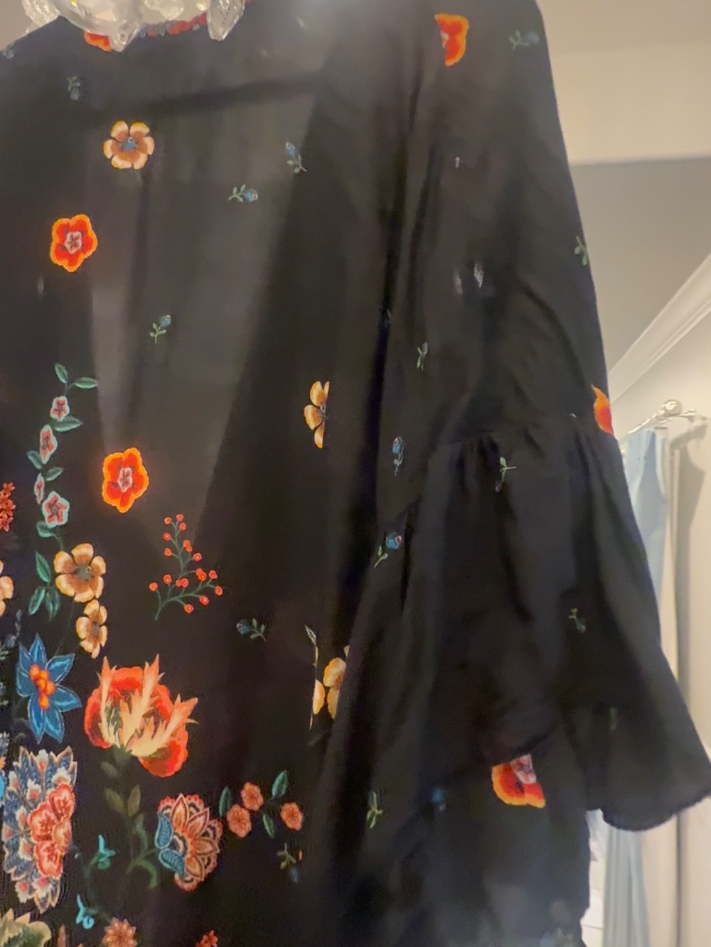 Johnny Was Nora Ruffle Kimono Black Floral Silk Boho Duster Cover-Up - Picture 11 of 13